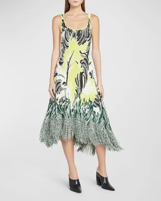 Boucle Jacquard Scoop-Neck Fringe Sleeveless Dress