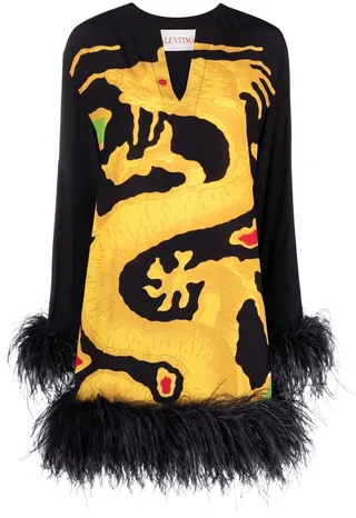 Dragon-Print Feather-Trim Silk Dress