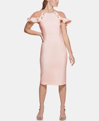 Crew Neck Ruffle Shoulder Cocktail Dress