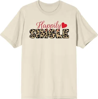 Valentine’s Day Happily Single Crew Neck Short Sleeve Natural Women’s T-shirt-XXL