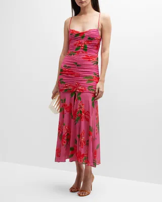 Floral Mesh Spaghetti-Strap Midi Dress
