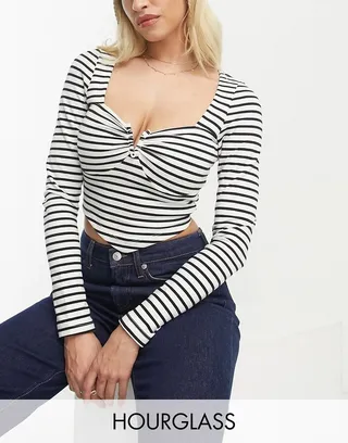 ASOS DESIGN Hourglass long sleeve crop top with v wire in mono stripe