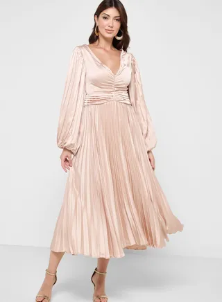Plunge Neck Pleated Dress