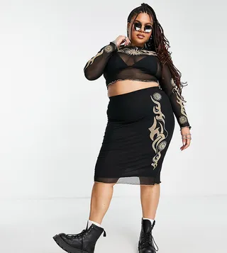 Reclaimed Vintage Inspired Plus midi mesh tattoo print skirt in black - part of a set