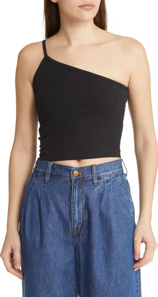 One-Shoulder Cotton Rib Crop Camisole