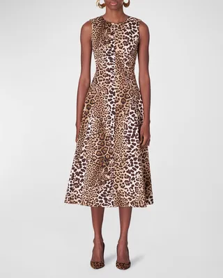 Leopard-Print Fitted Bodice Midi Dress