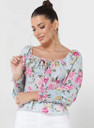 Tie Detail Floral Print Shirred Top