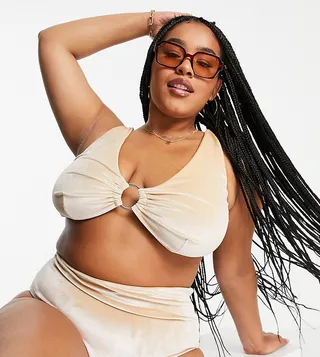 ASOS DESIGN Curve ring crop bikini top in champagne velvet