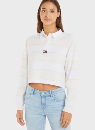 Striped Polo Neck Crop Top