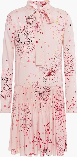Pussy-bow printed crepe de chine mini dress