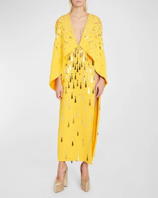 Mirror Beaded Thigh-Slit Crepe Maxi Cape Dress