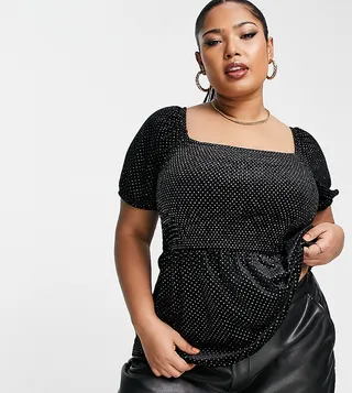 Simply Be velour ruched sleeve peplum top in black