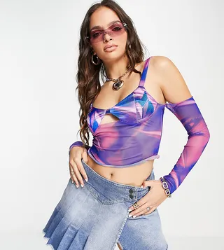 ASYOU bust cup fluted sleeve top in infrared print