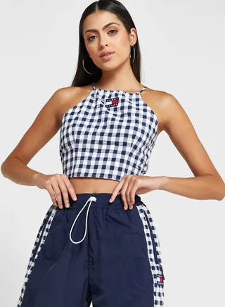 Strappy Checked Tie Detail Crop Top