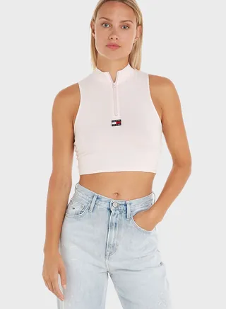 High Neck Zip Detail Logo Top