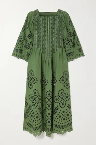 Vita Kin - Luna Embroidered Broderie Anglaise Linen Midi Dress - Green
