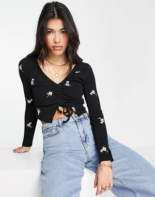 ASOS DESIGN ruched v neck top with floral embroidery in black