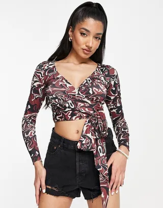 Monki wrap long sleeve cropped top in brown swirl print