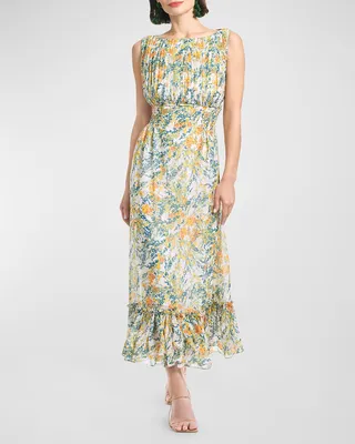 Anastasia Pleated Floral-Print Bow-Back Dress