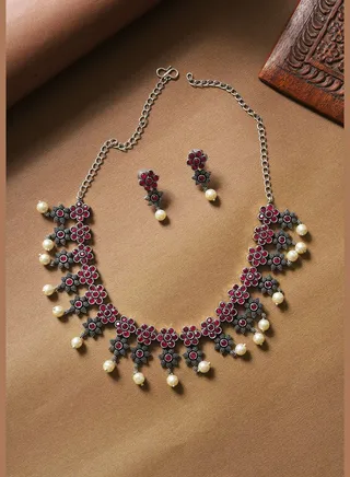 Silver Plated Designer Stone Necklace and Earring Set