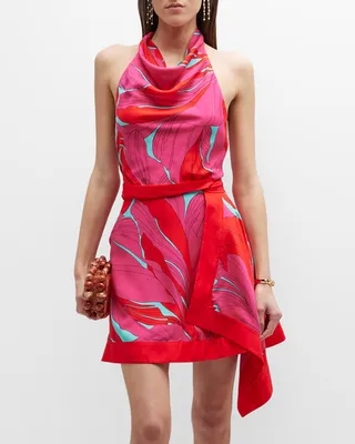 Bryn Asymmetric Open-Back Halter Mini Dress