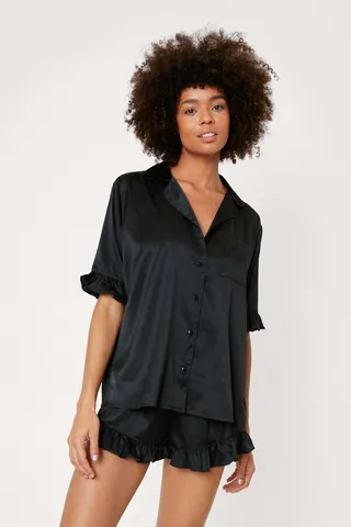 Nasty Gal Womens Recycled Satin Ruffle Short Pajama Set