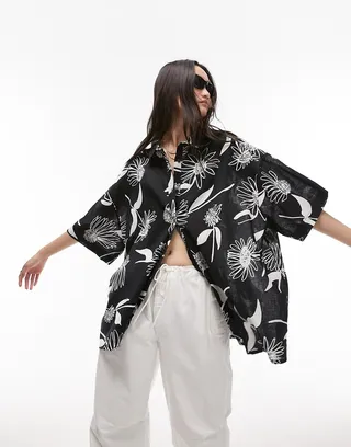 Topshop oversized linen floral print resort shirt in monochrome