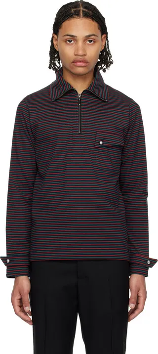 Wales Bonner Navy & Red Franco Half-Zip Sweater