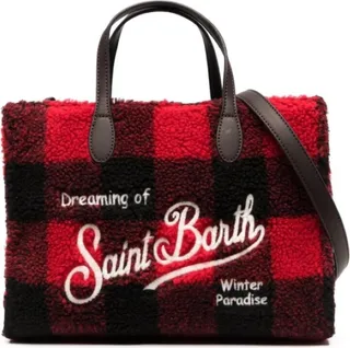 Check Wool Leather Tote Handbag in Red Black