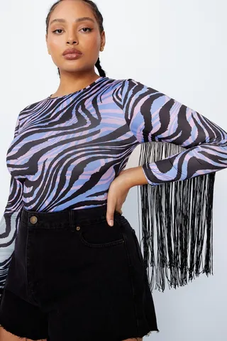 Nasty Gal Womens Plus Size Animal Print Fringe Sleeve Bodysuit