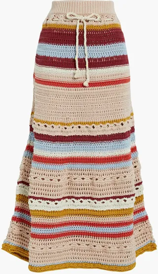 Striped crocheted cotton midi skirt