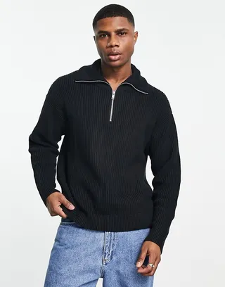 Weekday harry knitted half zip sweater in black