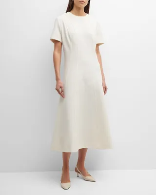 Princess Dart Short-Sleeve Crepe Midi Dress