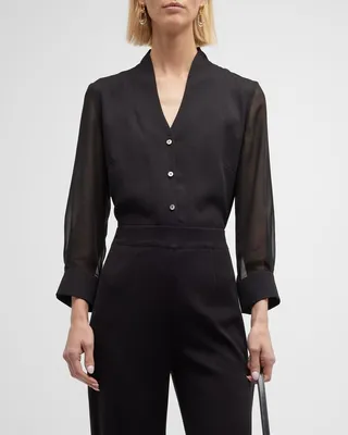 Sheer-Sleeve Button-Down Blouse