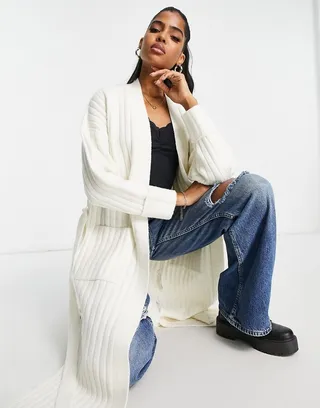 Miss Selfridge long line belted cardigan in ivory