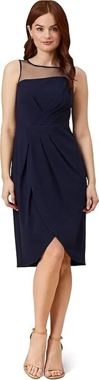 Adrianna Papell Stretch Crepe Draped Cocktail Dress with Illusion Neckline (Midnight) Women's Dress