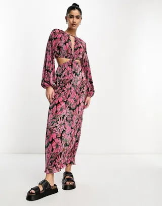 ASOS DESIGN plisse volume sleeve maxi dress with cut outs in black and pink floral