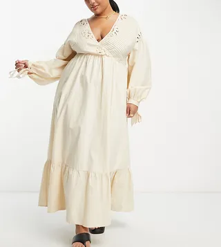 ASOS DESIGN Curve cotton crochet pintuck maxi dress in vintage cream