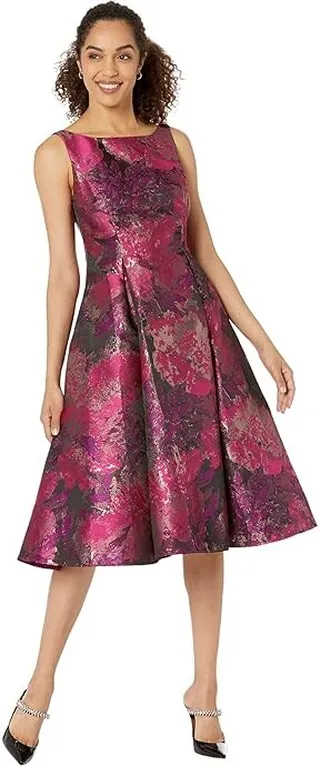Adrianna Papell Printed Jacquard Fit-and-Flare Party Dress (Magenta Orchid Multi) Women's Dress