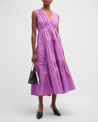 V-Neck Pleated Tiered Maxi Dress
