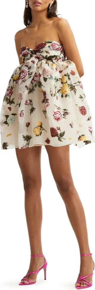 Rose Pattern Strapless Silk Blend Dress