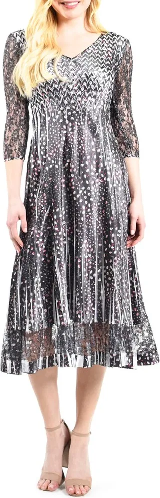 Lace Sleeve Charmuese Cocktail Midi Dress