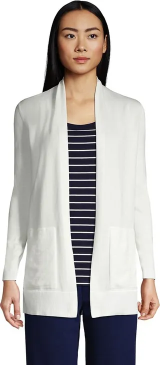 Lands' End Women's Petite Cotton Open Long Cardigan Sweater - Large - Ivory