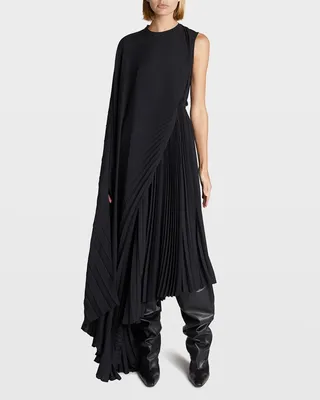 Asymmetric Pleated Cape Maxi Dress
