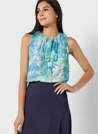 Printed Tie Detail Top