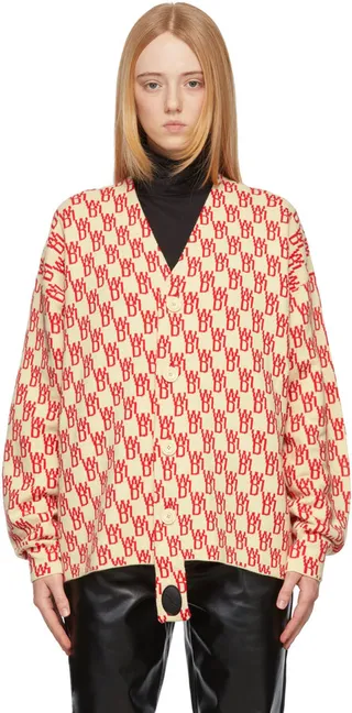 We11done Yellow & Red Jacquard Logo Cardigan