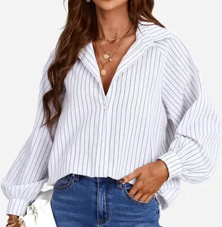 Women's Long Sleeve Pinstripe Blouse Shirt - Cupshe -White-L
