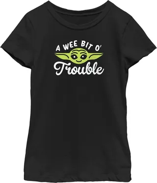 Girl's Star Wars: The Mandalorian St. Patrick's Day Grogu A Wee Bit O' Trouble T-Shirt - Black - X Small