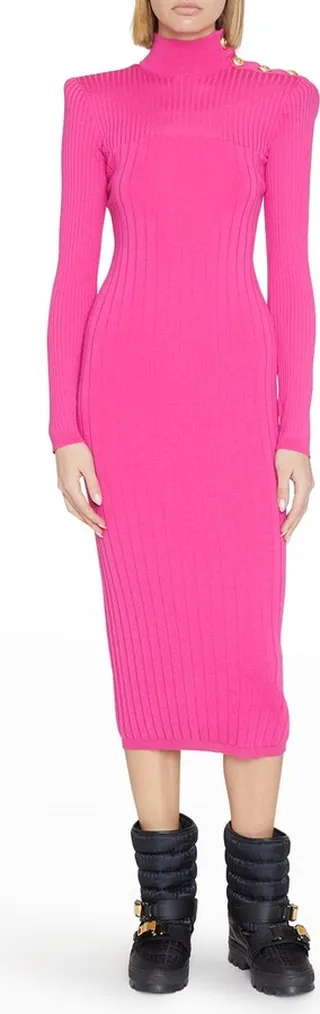 4-Button Strong-Shoulder Rib Midi Dress