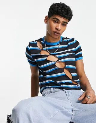 ASOS DESIGN shrunken crop cut out stripe t-shirt in blue